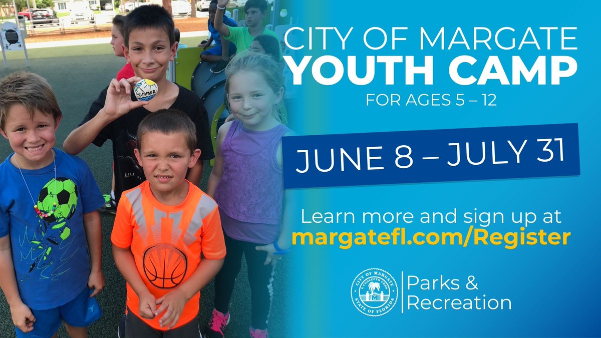 It's never too early to plan for the summer!

Online registration starts at 8 a.m. March 16 for residents to sign up for this summer's Margate Youth Camp.
 
Camp runs 8 a.m. to 4 p.m. weekdays, June 8 - July 31, for children ages 5-12.

It's going to be a great summer #OurMargate