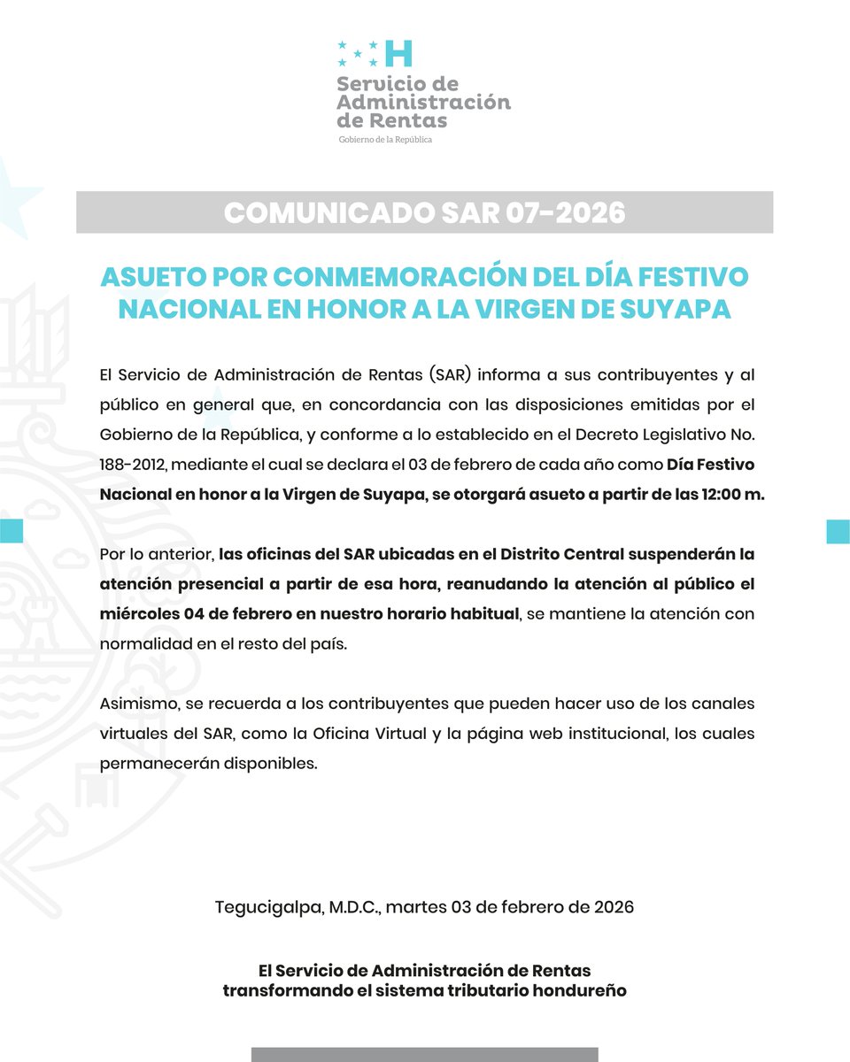 SARHonduras's tweet photo. 🚨#SARInforma | Importante comunicado referente al asueto por conmemoración del día festivo nacional en honor a la Virgen de Suyapa. https://t.co/iF2j07s9W5