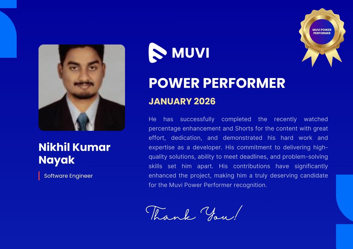 LifeMuvi1's tweet photo. 👏Celebrating our Muvi Power Performers for January 2025!💐Let’s give a big round of applause to NIKHIL KUMAR NAYAK, Gyanadipta Mohanty &amp; Bhanu Prakash for their outstanding contributions.

Keep up the amazing work!
Life at Muvi  | Muvi
#MuviPowerPerformers #EmployeeRecognition https://t.co/AAbfbCMava