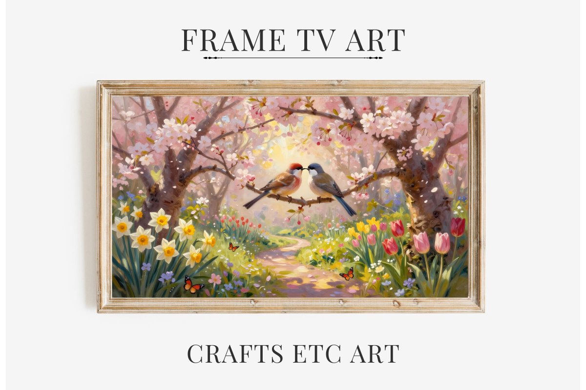 CraftsEtcOnline's tweet photo. 🌸🌼 Bloom into spring with this stunning "Spring Birds in Love" artwork! A beautiful landscape & sweet birds - ideal for your Frame TV. 🖼️ #SpringDecor #NatureArt #FrameTVArt #WallArt https://t.co/i8rDlf4ROS https://t.co/lrfSBfuEr3