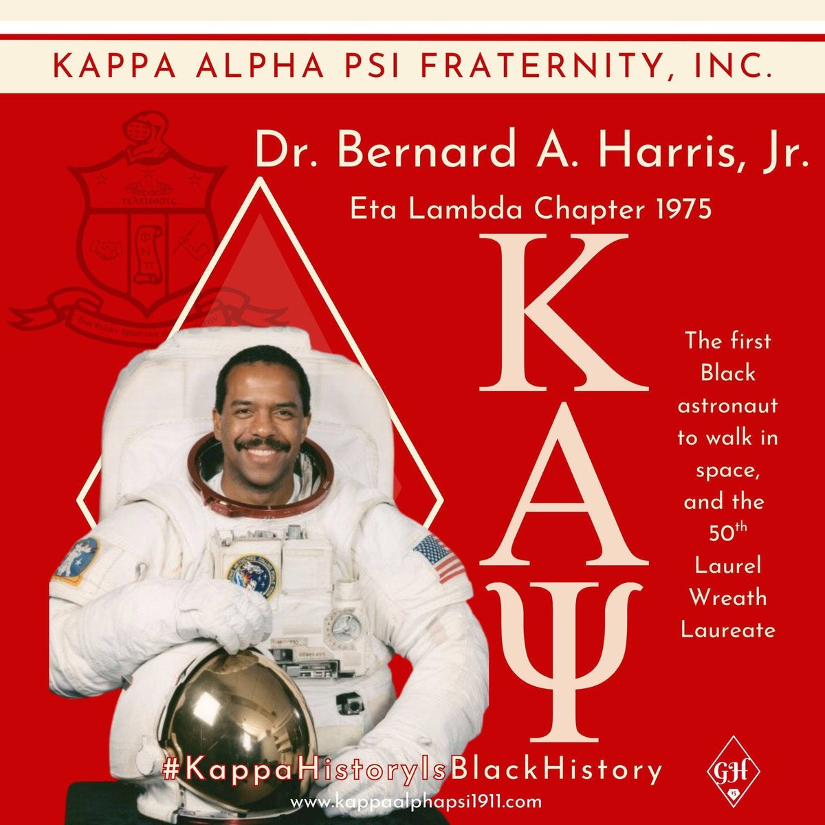 Bernard Anthony Harris (Eta Lambda, 1975) is a former NASA astronaut and the first Black person to walk in space. He is an M.D. (Texas Tech), who earned an M.S. in biomedical science, and an MBA (UH). 

He received KAΨ’s 50th Laurel Wreath Award.

Kevin P. Scott
Grand Historian