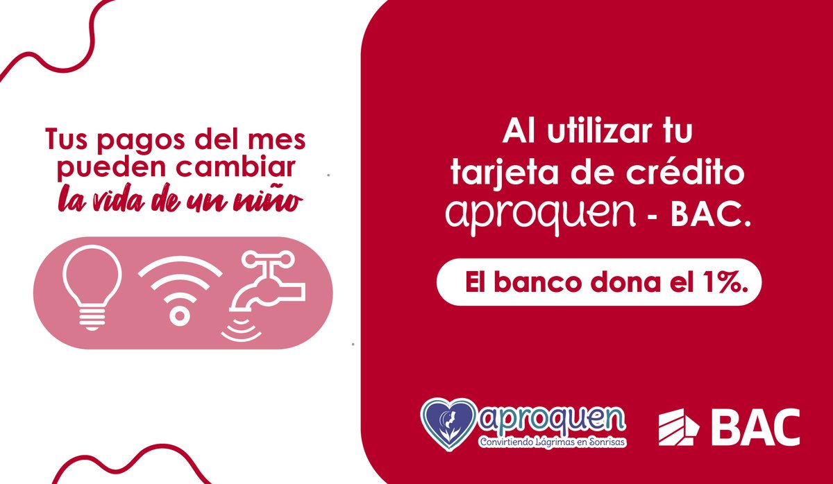 Tus pagos del mes pueden cambiar la vida de alguien.

El banco donará el 1% del total de tus gastos al pagar tus servicios de electricidad, agua o internet con tu tarjeta de Crédito APROQUEN-BAC.

Úsala para ayudar.

#usalaparaayudar #bac #asosiacionproniñosquemados #nicaragua