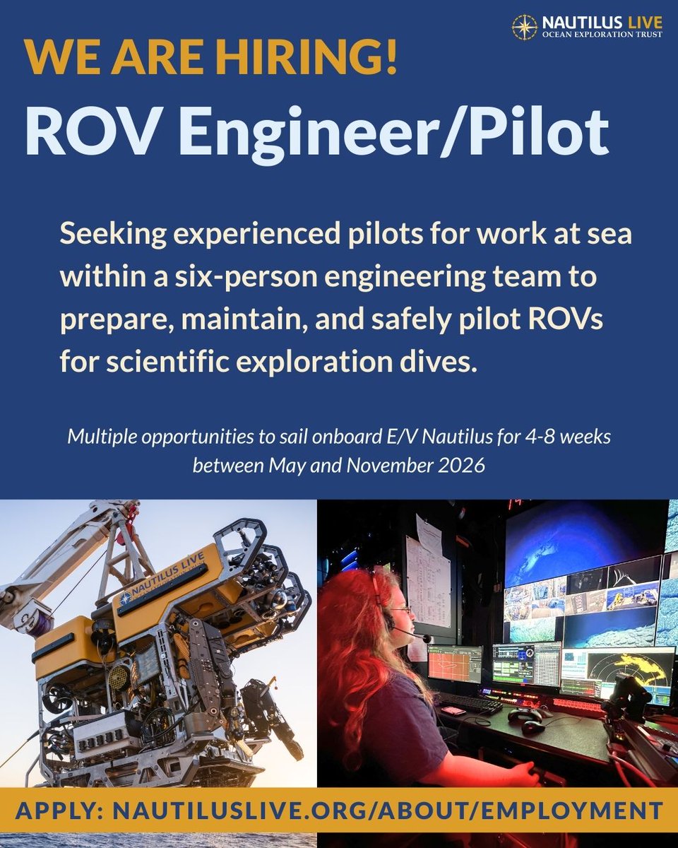EVNautilus's tweet photo. #WereHiring! OET is hiring independent contractors for our 2026 season to sail aboard #EVNautilus: #videoengineers, #dataengineers, and #ROVengineers (#ROVpilots). Learn more: https://t.co/lyCozhUEOQ https://t.co/MS0wF9DWlk