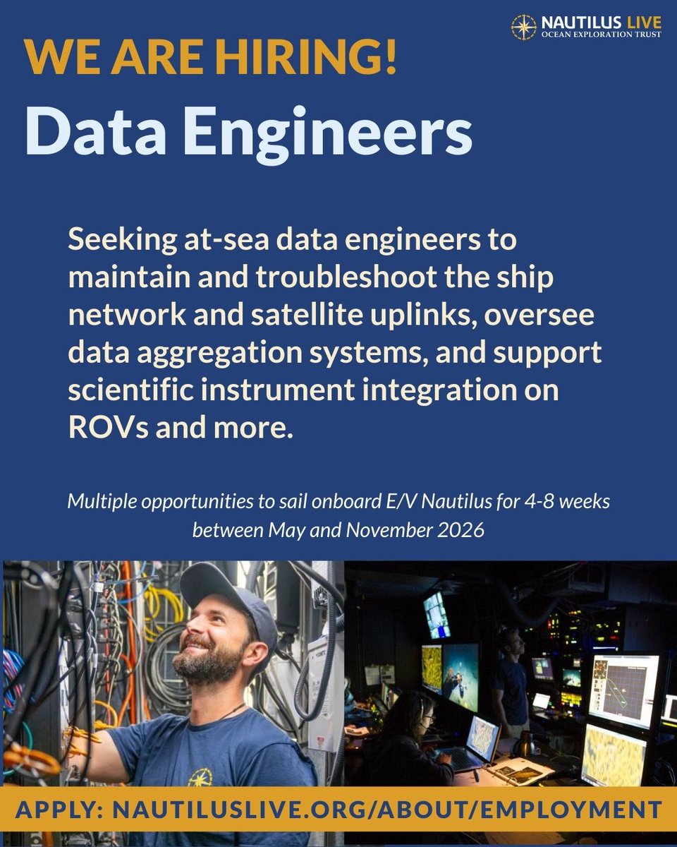 EVNautilus's tweet photo. #WereHiring! OET is hiring independent contractors for our 2026 season to sail aboard #EVNautilus: #videoengineers, #dataengineers, and #ROVengineers (#ROVpilots). Learn more: https://t.co/lyCozhUEOQ https://t.co/MS0wF9DWlk