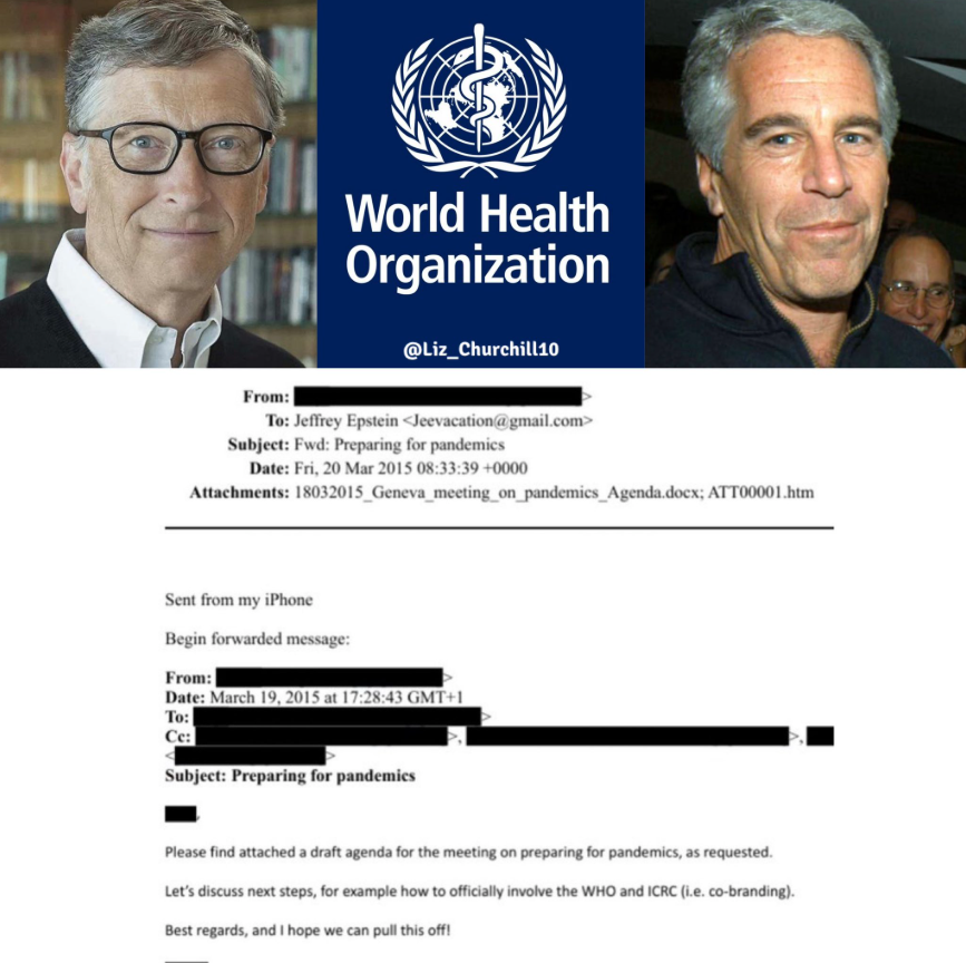 PWestoff's tweet image. Email below dated March 2015, from Gates (presumably) to Epstein stated this: “Please find attached a draft agenda on preparing for pandemics. Let’s discuss next steps, for example how to officially involve the WHO. Best regards and I hope we can pull this off!”