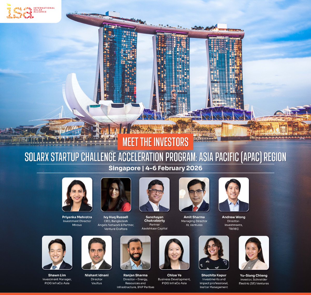 isolaralliance's tweet image. Meet the investors powering the SolarX APAC journey

From 4–6 February, ISA will bring the #SolarXStartupChallenge APAC winners to Singapore for an intensive, investor-driven acceleration experience, where capital will meet credible #climatesolutions.

At the heart of the