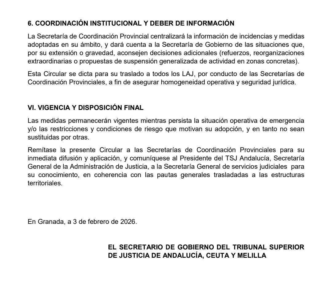 UPSJtwit's tweet photo. ‼️ Circular del SG de Andalucía con relación a la alerta 🔴 meteorológica: exención de asistencia presencial del LAJ, teletrabajo y pautas de actuación 👇 https://t.co/5xGGVkw9Su