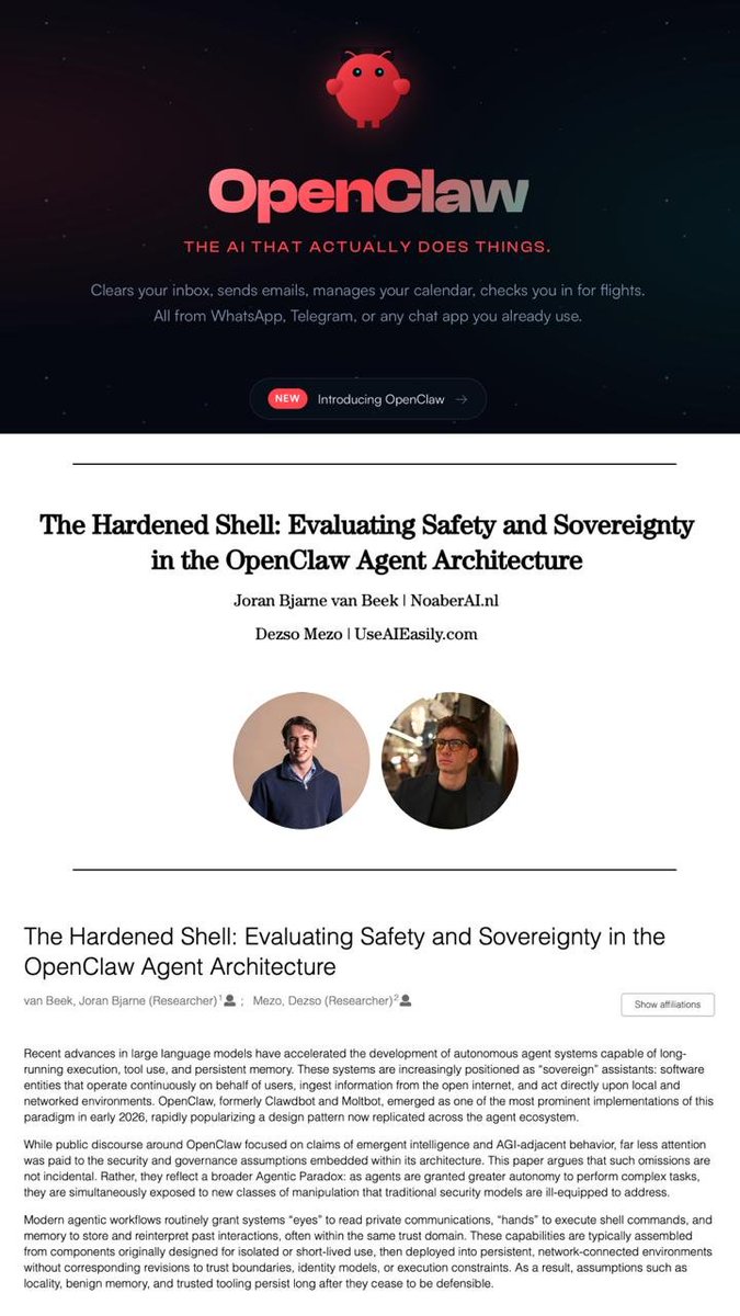 Together with <a href="/DfieldSolutions/">Dezso Mezo | dfieldsolutions.com</a> , I published a paper on how OpenClaw-style AI agents break security assumptions once autonomy scales.

Read more about it on: zenodo.org/records/184712… 

#Moltbot #Clawdbot #openclaw