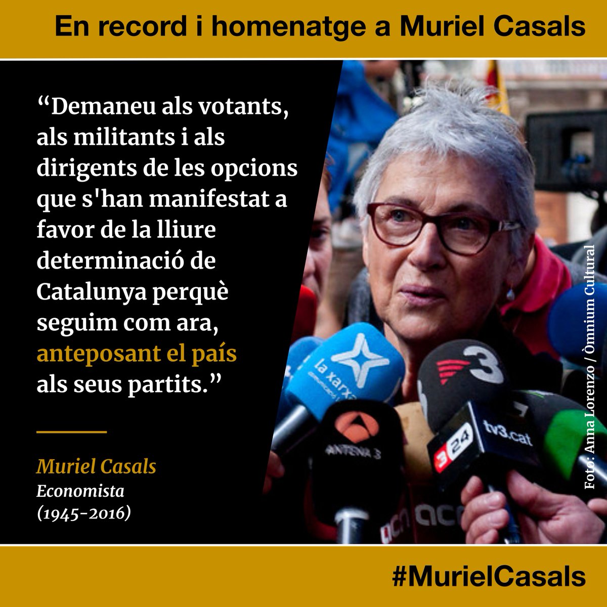 Amb motiu del desè aniversari de la mort de la #MurielCasals, la recordem amb els seus missatges i el seu esperit constructiu i lluitador al servei de la independència de Catalunya. T’enyorem i no t’oblidem. Gràcies, Muriel!
