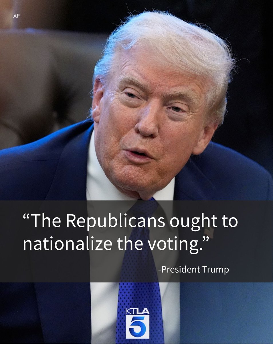KTLA's tweet photo. President Trump suggested in an interview with former FBI Deputy Director Dan Bongino on Monday that Republicans should “take over” the voting process in more than a dozen states ahead of the November midterms. Details: https://t.co/7Pk1T1nzjb https://t.co/NkMRg90Ey0