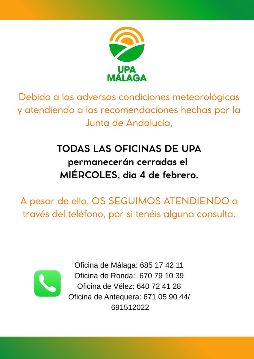 Debido a las adversidades meteorológicas y atendiendo a la recomendación de la Junta de Andalucía, mañana MIÉRCOLES, 4 de febrero, nuestras oficinas PERMANECERÁN CERRADAS. No obstante, os seguiremos atendiendo por teléfono si necesitáis hacer alguna consulta. #UPAJaénTeAyuda