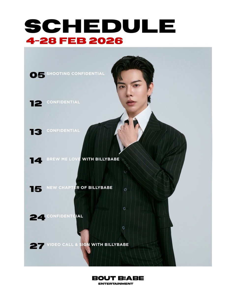 BoutBabe_Ent's tweet photo. Babe Tanatat’s Monthly Schedule 4-28 February 2026
Please note that the schedule is subject to change.

ตารางงาน เบ้บ ธนทัต วันที่ 4-28 เดือนกุมภาพันธ์ 2569
ทั้งนี้กำหนดการอาจมีการเปลี่ยนแปลงได้

#BoutBabeEntertainment #babiibabe https://t.co/Q4HMnGOBVJ