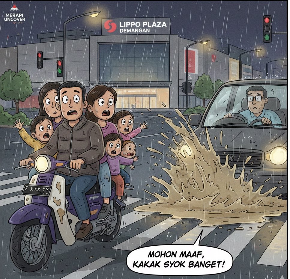 merapi_uncover's tweet photo. Min mohon loloskan. Barangkali yang bersangkutan juga ikut follow Merapi Uncover.

Kepada keluarga yang tadi boncengan sama 3 anak kecil-kecil di sekitar Lippo Plaza Demangan tanpa mantrol. Motor plat "F" tapi nomor belakangnya nggak terlalu saya perhatikan.

Mohon maaf yaa tadi tersiram air kubangan hujan dari saya.

Mohon maaf sekali, saya ada masalah pada penglihatan (minus + silinder). Dan hujan-hujan seperti ini jadi kendala berat bagi saya karena kemampuan penglihatan semakin menurun ketika hujan. Pakai kacamata kok ketutupan air yang nempel di kecamata, lepas kacamata kok makin nggak bisa lihat, serba salah semua.

Saya tadi juga syok, tau-tau sudah nabrak air kubangan hujan dan tersiram ke arah kalian.

Buat adek-adek kecil yang ikut tersiram air kubangan hujan dari kakak, maaf banget yaa sayang, kakak nggak ngeh beneran kalau ada air kubangan hujan 🙏🏻

Mohon username saya di samarkan saja yaa min. Cukup keluarga yang bersangkutan saja yang tahu. Terima kasih 🙏🏻

Tadi saya mau mengejar yang bersangkutan malah udah kedahuluan lampu hijau dan ternyata yang bersangkutan beda arah rute dengan saya.