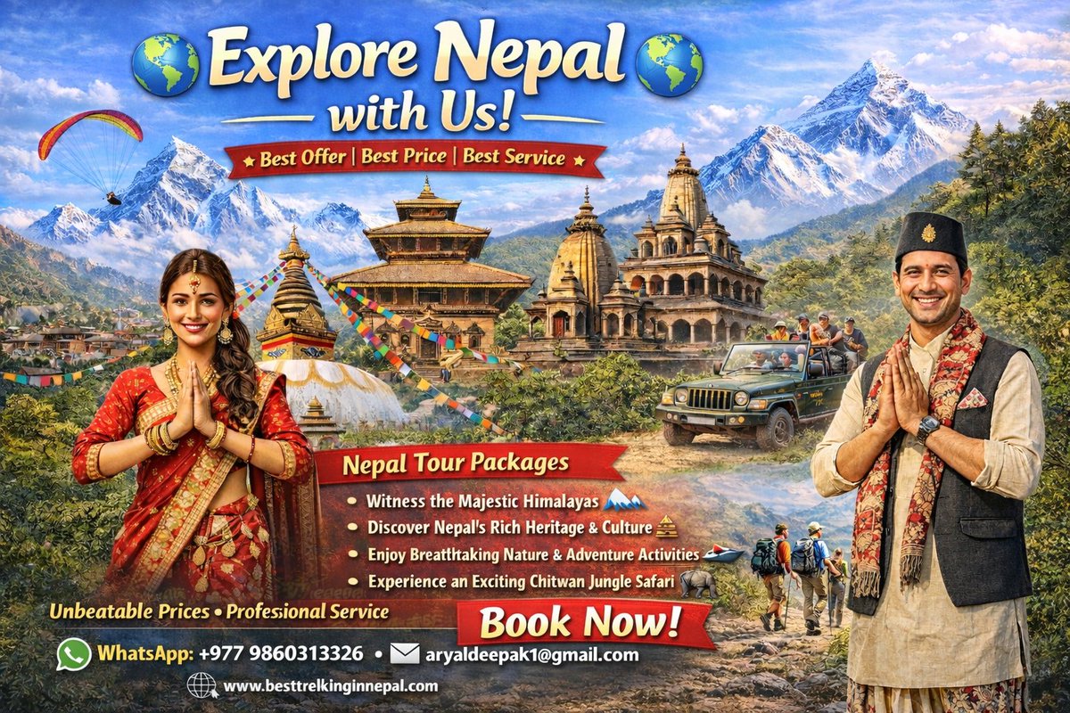 🌏 Explore Nepal with Us! 🌏
✨ Best Offer | Best Price | Best Service ✨

🎒 Customized tours &amp; trekking across Nepal
💰 Unbeatable Prices | 💼 Professional Service

📲 Book Today
📱 WhatsApp: +977 9860313326
📧 Email: aryaldeepak1@gmail.com

🌐 besttrekkinginnepal.com
#Nepal