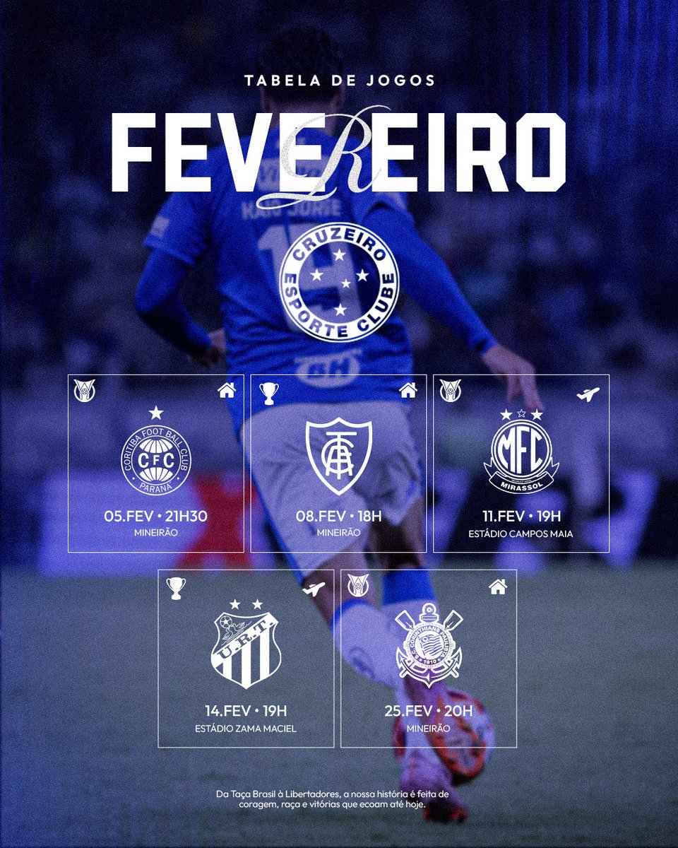 Cruzeiro's tweet image. O Cruzeiro vai disputar mais 5️⃣ partidas no mês de fevereiro! Confira nossa agenda! 🦊🗓️