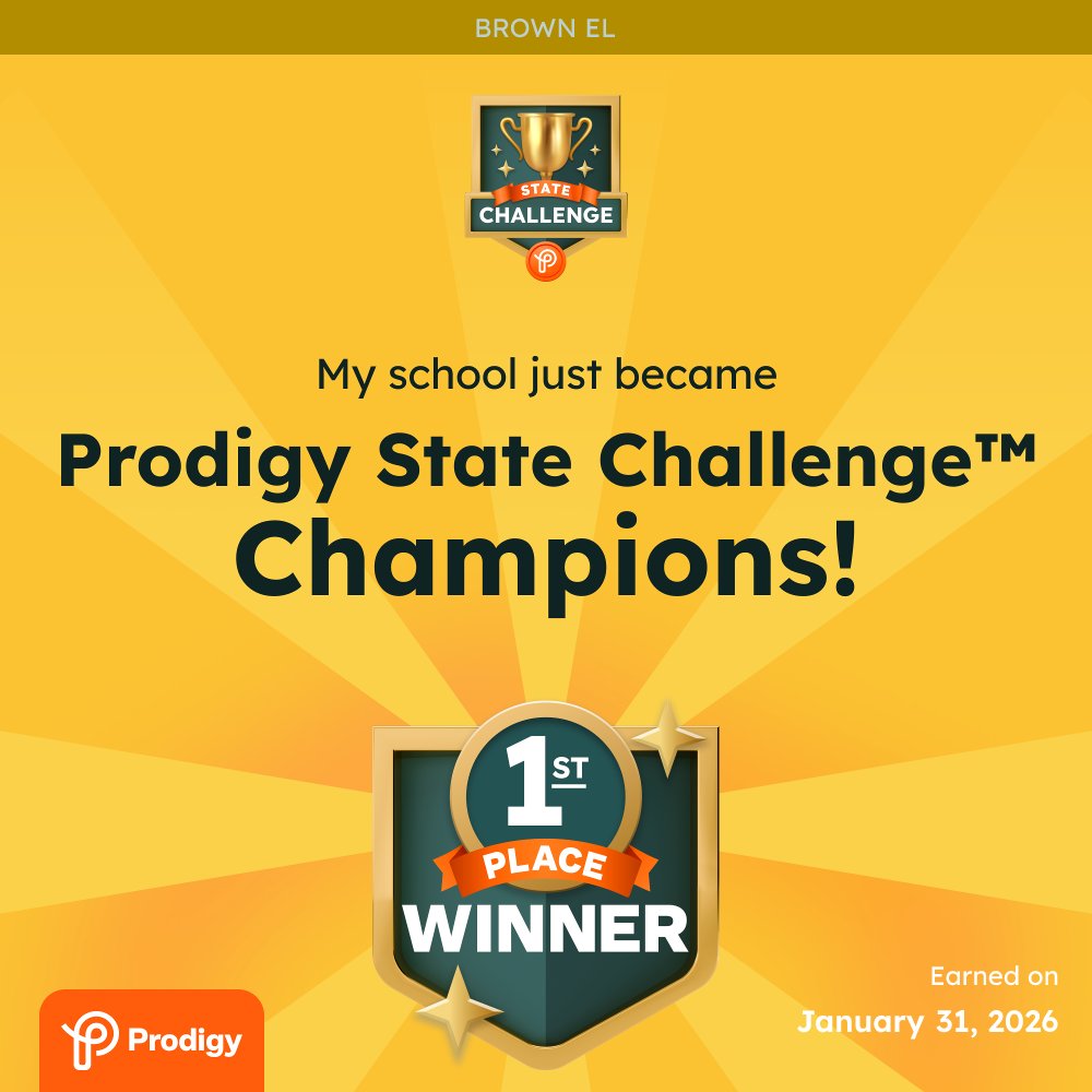 msnlamb's tweet photo. 🏆 We did it! My school @BrownElementary won the #ProdigyStateChallenge in the Mythical tier!

Next stop: The Prodigy National Cup in May!

👉 Join the #ProdigyStateChallenge:  https://t.co/VDbSxjU0e9 https://t.co/egKgMAsrAj