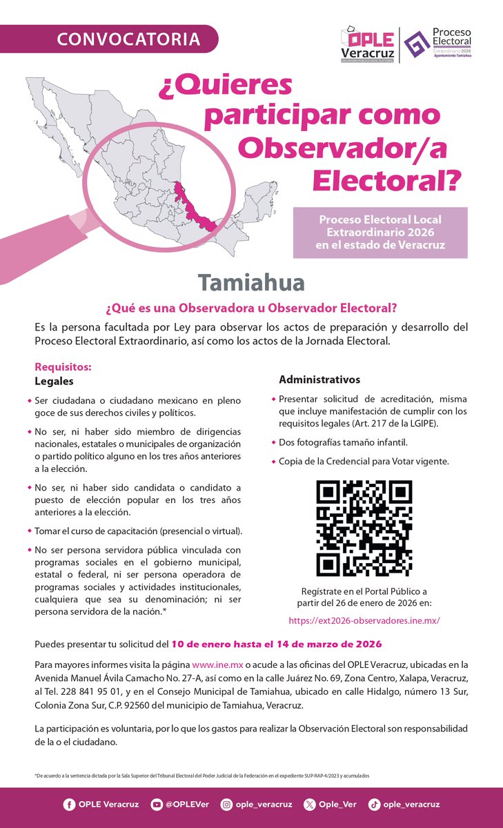 📲Consulta la convocatoria para participar como observador/a electoral del Proceso Electoral Local Extraordinario en el Municipio de #Tamiahua, #Veracruz.

¡Tu participación fortalece la democracia!

⚠Tienes hasta el 14 de marzo de 2026, para realizar tu registro.