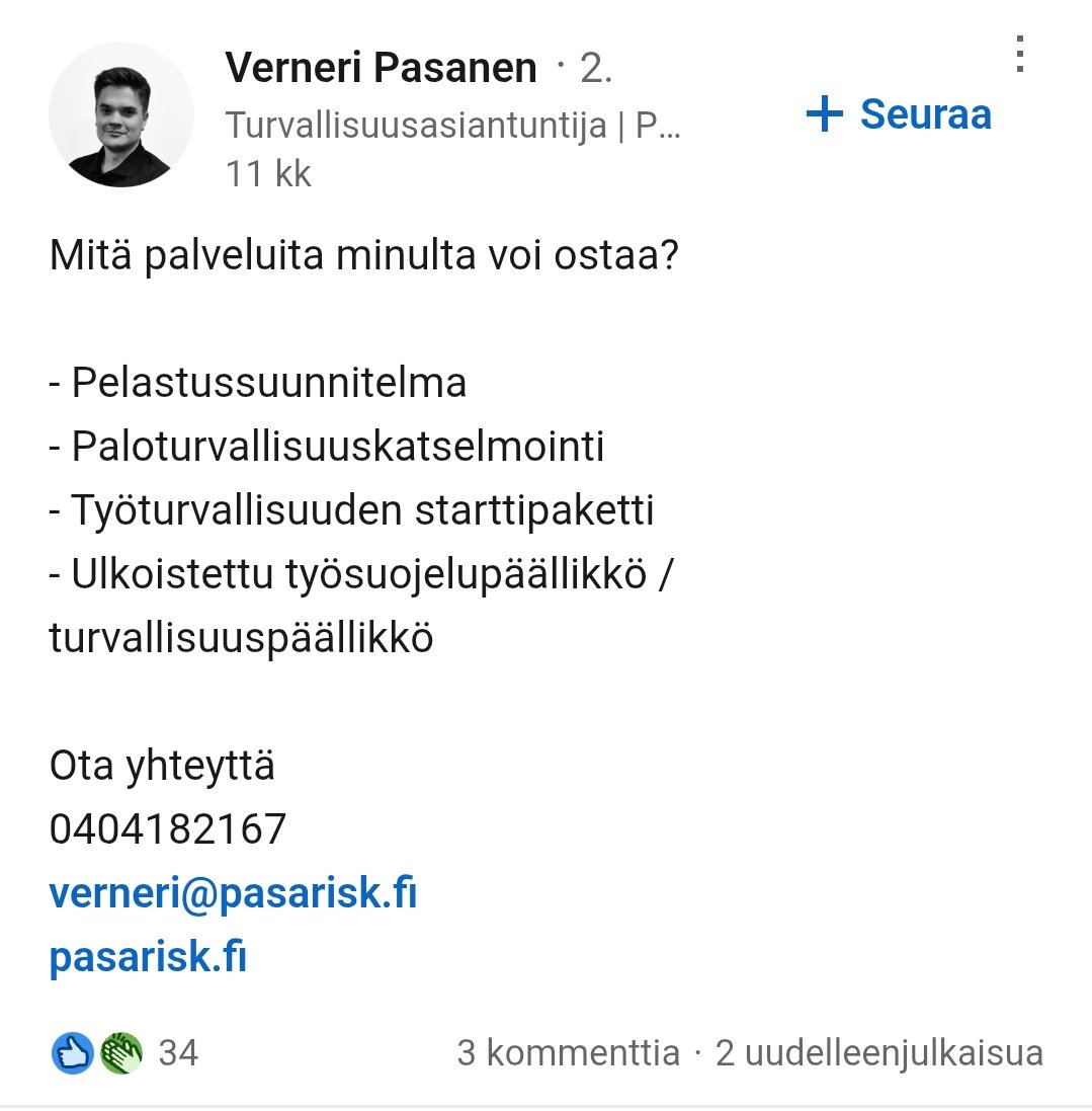 ErikaKeskiK's tweet photo. Pasarisk Oy:n toimitusjohtaja on samaa aikaa Helsingin pelastuslaitoksella Palotarkastajan virassa.

Omassa yrityksessään myy pelastussuunnitelmia ja paloturvallisuuskatselmuksia taloyhtiöille, kiinteistöjen omistajille ja toiminnanharjoittajille ja virassaan toimii sitten Palotarkastajana tarkastaen potentiaalisia asiakkaitaan.

Eikö Helsingin kaupunki rekrytoidessaan perehdytä hyvän hallinnon periaatteisiin?

https://t.co/C6jRFOtliu