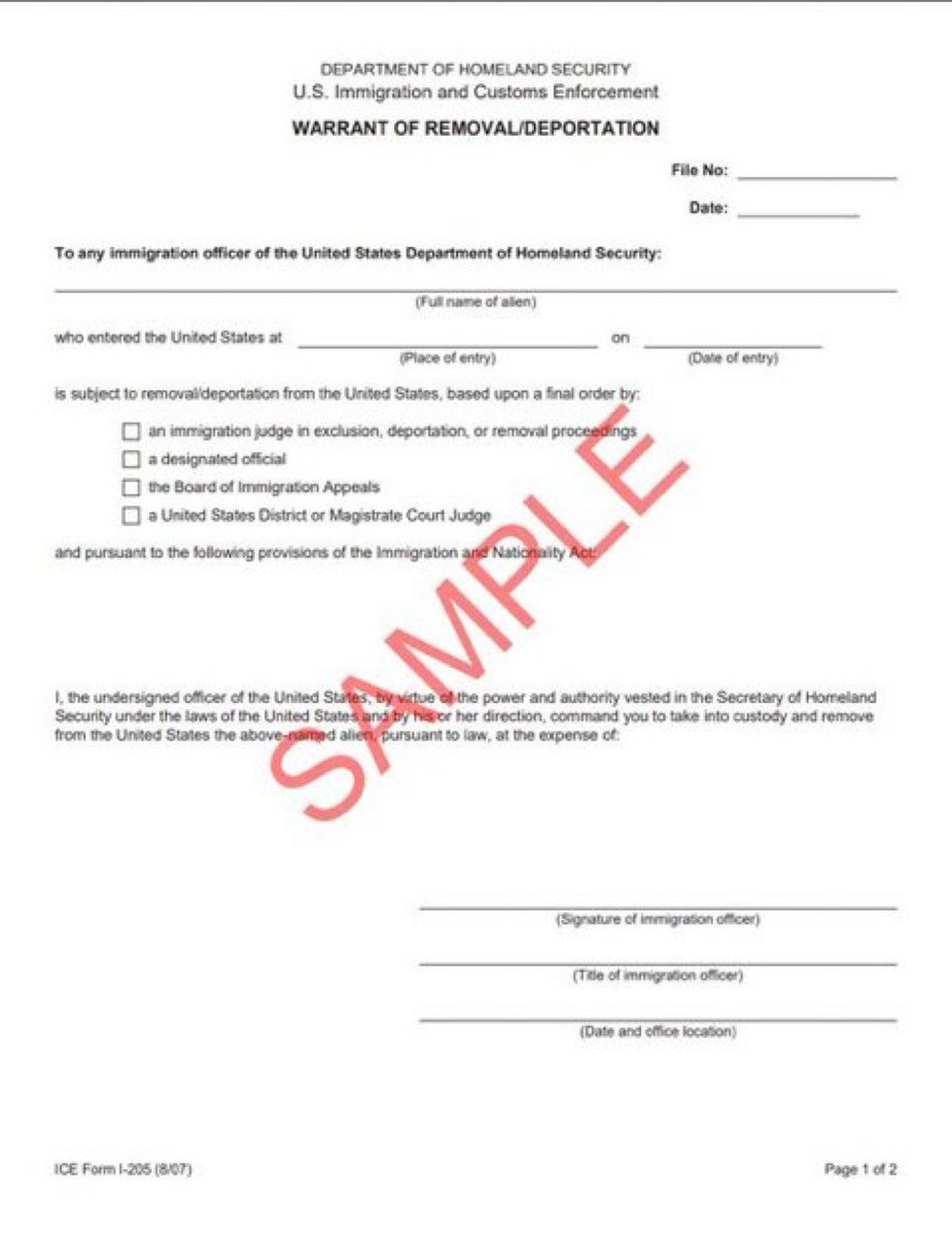Again, this is FALSE. Administrative warrants are NOT signed by an immigration judge (or any judge at all). They are generated and signed by ICE officers themselves with no external oversight whatsoever.

Here is  blank sample warrant. Note who signs it; an "immigration officer."