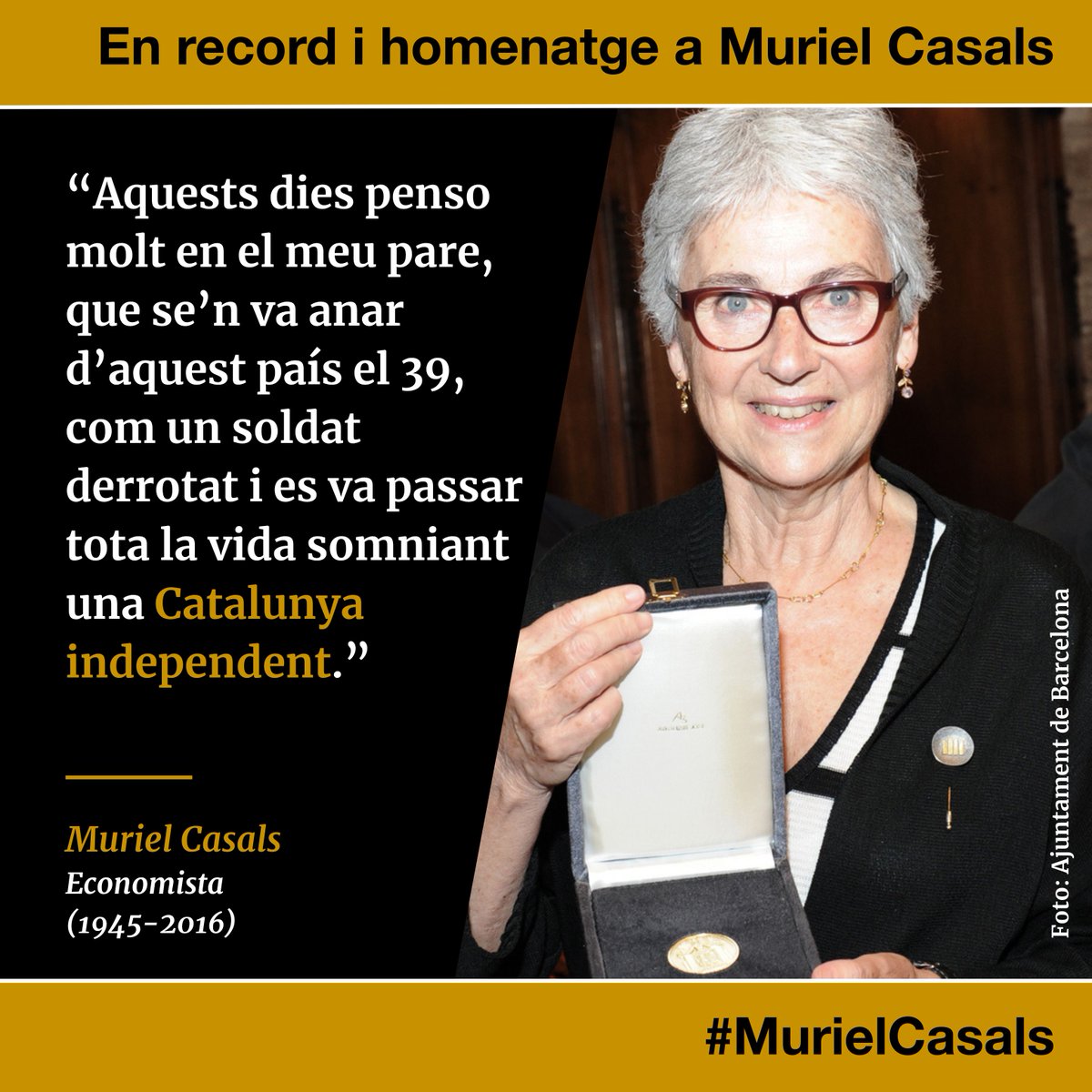 Amb motiu del desè aniversari de la mort de la #MurielCasals, la recordem amb els seus missatges i el seu esperit constructiu i lluitador al servei de la independència de Catalunya. T’enyorem i no t’oblidem. Gràcies, Muriel!