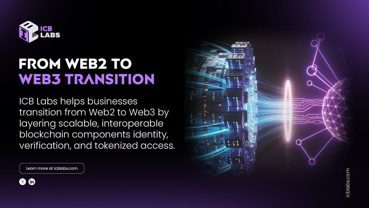 ICBLabs's tweet photo. 🚀🔗 Ready to move beyond Web2?

ICB Labs helps businesses transition to Web3 with identity, verification &amp; tokenized access, without friction.

👉 Explore now: https://t.co/dbaMRD5E7d 
#Web3 #Web2toWeb3 #BlockchainAdoption https://t.co/YJCNKaqYrd