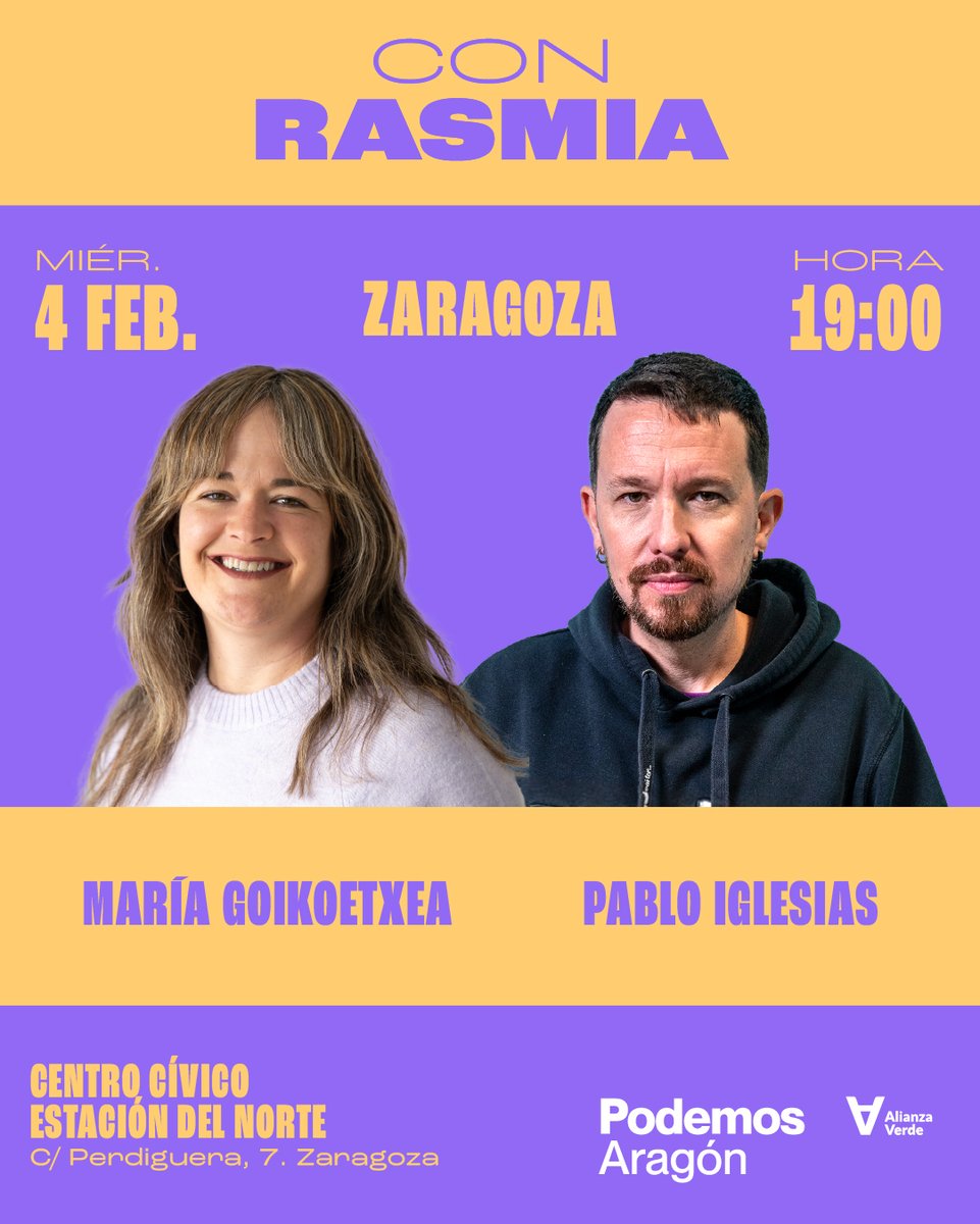 MariaGoikoetxea's tweet photo. Este miércoles 4 de febrero estaré junto a @PabloIglesias  en el Centro Cívico Estación del Norte en Zaragoza para poner a la izquierda aragonesa en pie este 8F.

📅 4 de febrero | 19.00h
📍 C/Perdiguera 7, Zaragoza

¡Te esperamos! https://t.co/sHaU9HqQWP