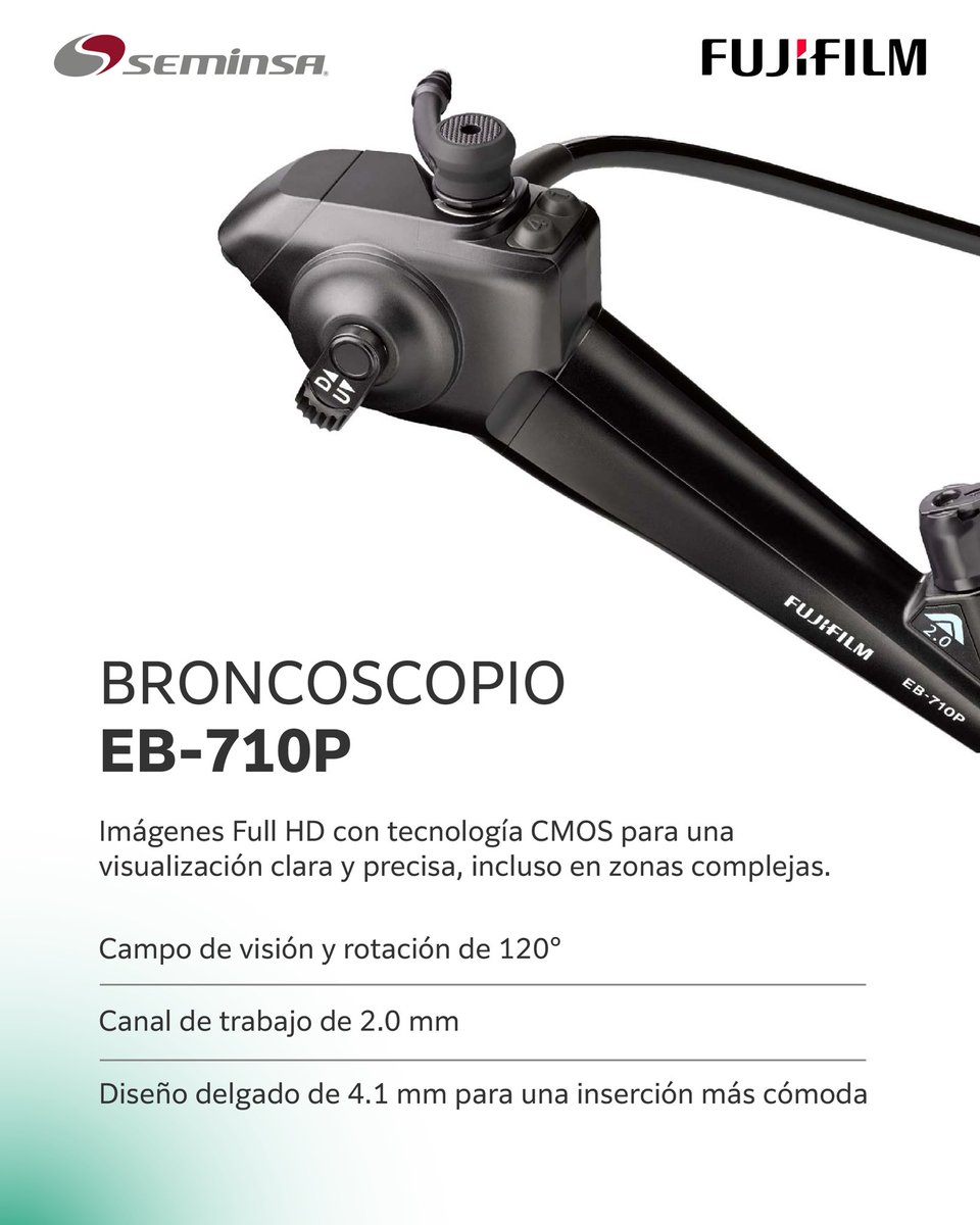 seminsaoficial's tweet photo. Precisión que se ve y se siente.
El Broncoscopio EB-710P ofrece imágenes Full HD con tecnología CMOS, diseño delgado y un amplio campo de visión para procedimientos más claros, seguros y confiables.
Tecnología #Fujifilm al servicio del diagnóstico respiratorio.
#SEMINSA https://t.co/6e4tzDRARx
