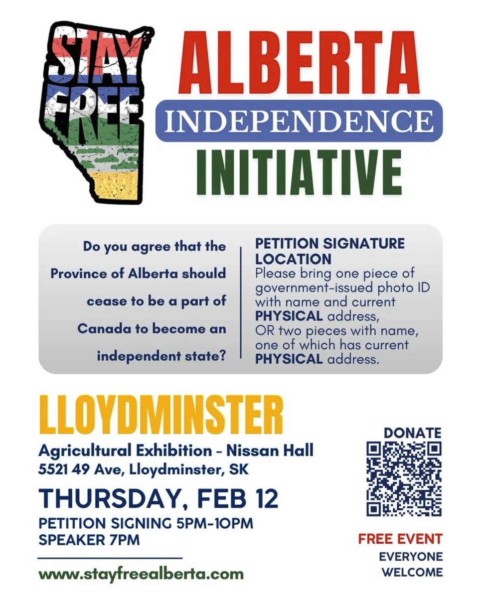 Attention Albertans in the Lloydminster area...

There is an Alberta independence sign-up opportunity and speakers for you on Thursday February 12th. Sign-ups start at 5 p.m and the speakers are at 7 p.m. The address is below 🤠👇

Let's go Lloydminster!