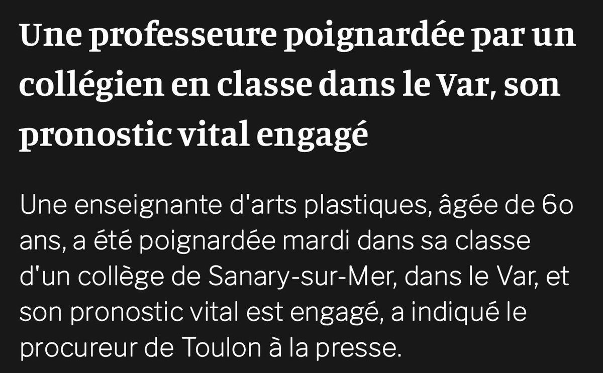Horrifiée par l’agression d’une enseignante à Sanary-sur-Mer, en France. Tout mon soutien à la victime, à sa famille et à l’ensemble de la communauté éducative.

En Fédération Wallonie-Bruxelles, la protection des enseignants est une priorité : prévention des violences,