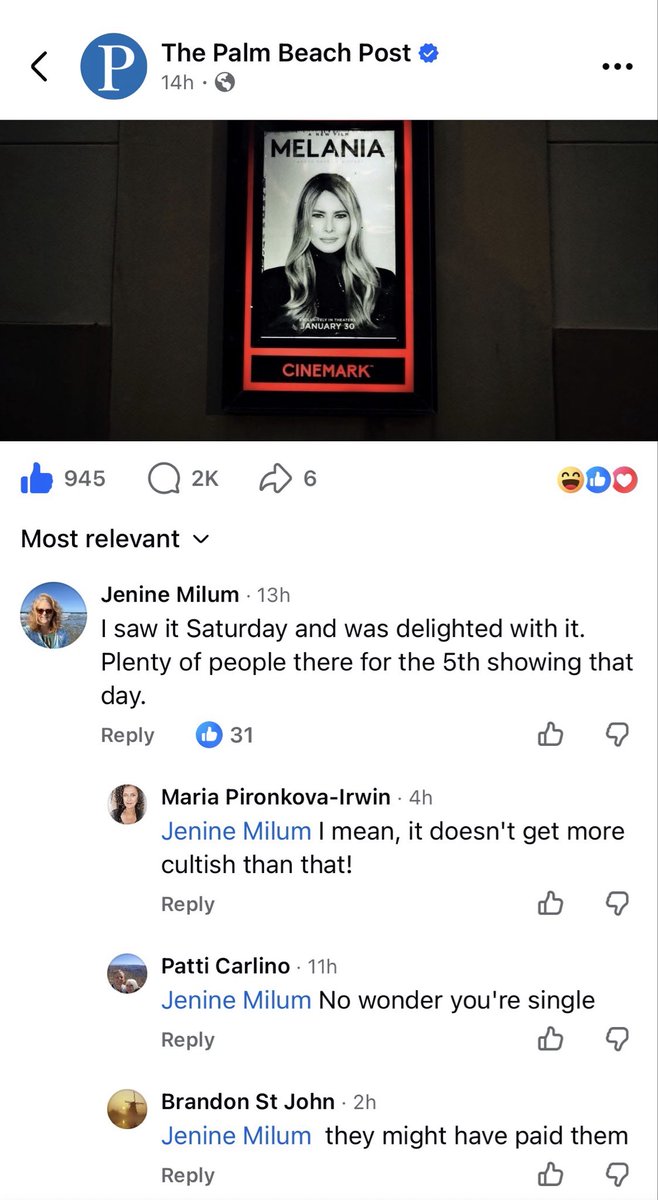 JenineMilum's tweet photo. These are the responses I got for commenting on the Palm Beach Post’s post on FB criticizing the Melania movie and its attendance.  All I have to say is 😂😂😂😂😂😂😂 https://t.co/kFmQvN8zU2