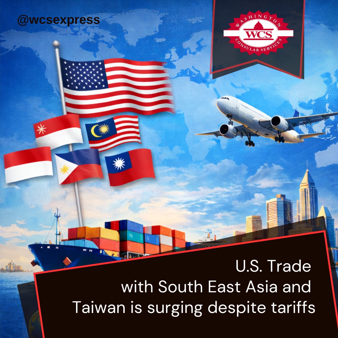 WcsExpress's tweet photo. 🎯U.S. trade with Southeast Asia and Taiwan is surging despite tariffs. As global operations grow, WCS helps businesses move faster with expert document authentication.
Read more: https://t.co/d3vPXkDKIo

#GlobalTrade #DocumentAuthentication #ExportCompliance https://t.co/jg92uAgIe7