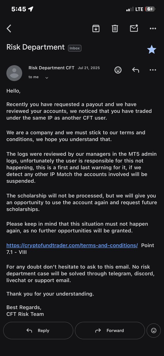 iamFr33dom_'s tweet photo. 6 months ago @CFTradercom denied me around $1.5k payout too… stating reasons that was never true. I compared the ip they claimed matched mine but interestingly it didn’t match mine https://t.co/fs96fawKlH
