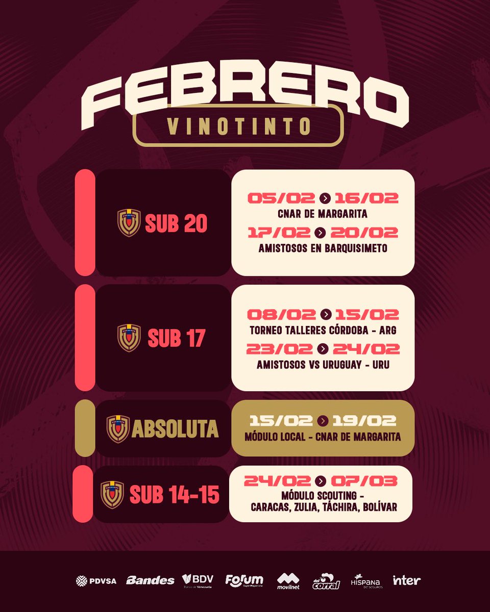 🇻🇪⚽ 𝐅𝐞𝐛𝐫𝐞𝐫𝐨 𝐕𝐢𝐧𝐨𝐭𝐢𝐧𝐭𝐨: trabajo, proyección y nuevos desafíos.

📌 La Vinotinto Absoluta realizará su primer módulo de trabajo de este nuevo ciclo bajo la dirección del seleccionador nacional Oswaldo Vizcarrondo en el CNAR Margarita con jugadores del fútbol local.