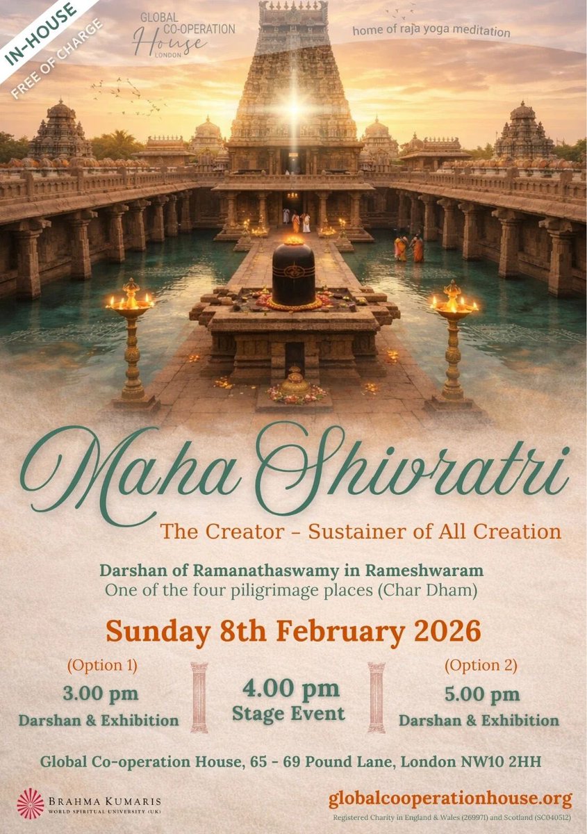 BKLondonGCH's tweet image. MAHA  SHIVRATRI 
The CREATOR, Sustainer of All CREATION

Sunday 8th February, entertainment &amp;amp; meditation 4-5pm, Darshan &amp;amp; Exhibition 3-4 &amp;amp; 5-6, #GCH, London NW10 2HH

Info: globalcooperationhouse.org/whatson-full/s…

The praise of the One CREATOR is Unique &amp;amp; Profound.

#FreeEvent 
#MahaShivratri