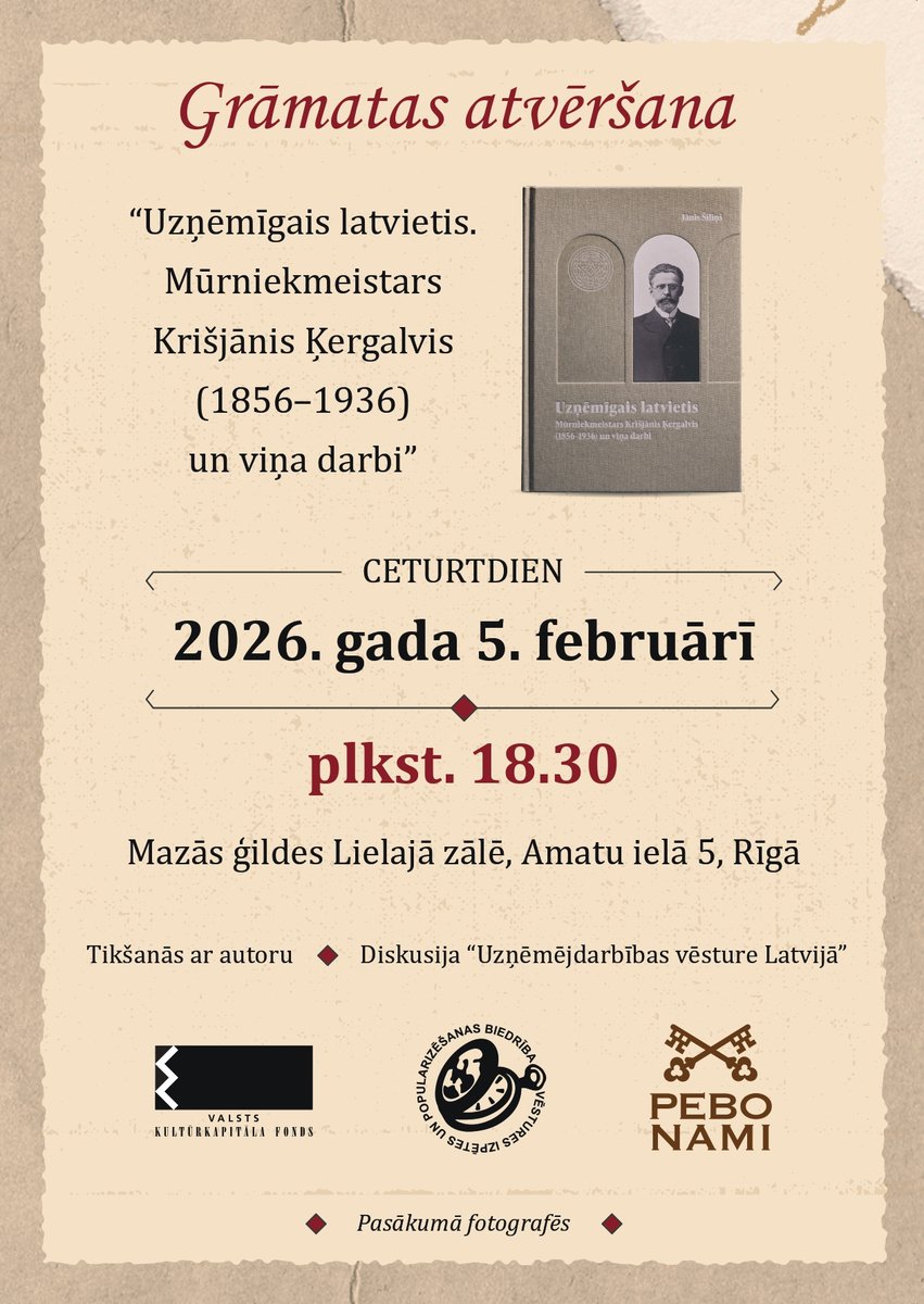 veesture's tweet photo. Ceturtdien, 5. februārī, plkst. 18.30 Mazās Ģildes Lielajā zālē notiks monogrāfijas “Uzņēmīgais latvietis. Mūrniekmeistars Krišjānis Ķergalvis (1856–1936) un viņa darbi” atvēršanas svētki. Pasākumā ir paredzēta diskusija “Uzņēmējdarbības vēsture Latvijā”, kuru vadīs vēstures doktors Gustavs Strenga. Diskusijā piedalīsies: grāmatas autors vēstures doktors Jānis Šiliņš, uzņēmējs Ģirts Rungainis un Krišjāņa Ķergalvja mazmazdēls, uzņēmējs Andrejs Pebo. Būs ļoti interesanti!!! Par grāmatu plašāk: https://t.co/c8R59iZFnx