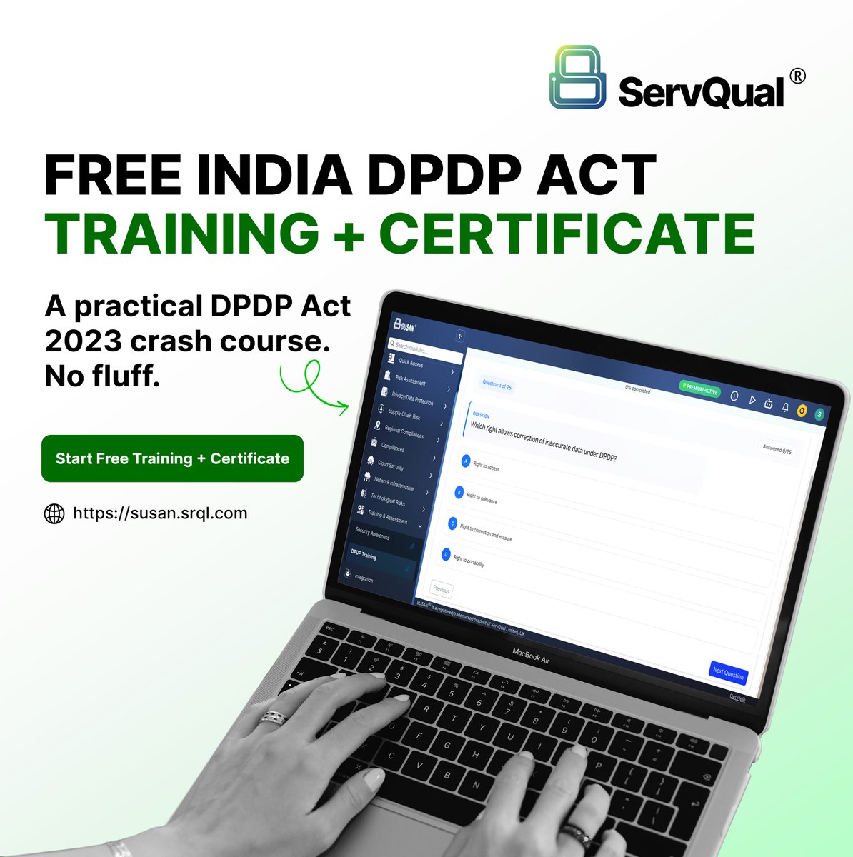 serv_qual's tweet photo. Join our FREE India DPDP Act 2023 crash course.
Practical learning. Zero fluff.
Get trained and earn your certificate.
👉 Start now: https://t.co/M6OqJscKu7

#IndiaDPDP #DPDPAct #DataProtection #PrivacyCompliance #CyberSecurity #DPDPTraining #FreeTraining  #GRC #InfoSec #SUSAN https://t.co/79iwcJPhr1