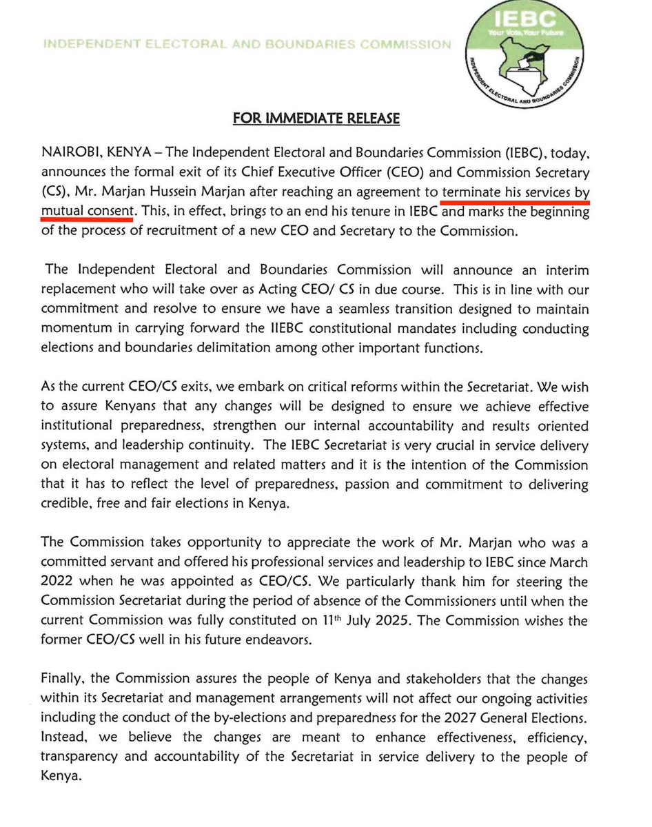 Dual_KK's tweet photo. BREAKING: Kenya's election chief fired. Marjan Hussein Marjan's IEBC contract terminated by "mutual consent," is PR-speak. https://t.co/zhM2kOuB4z