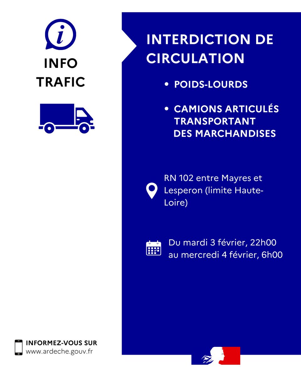 Image de Préfet de l'Ardèche - #infotrafic | Mise en place de restrictions de circulation sur la RN102 entre Mayres et Lesperon (li