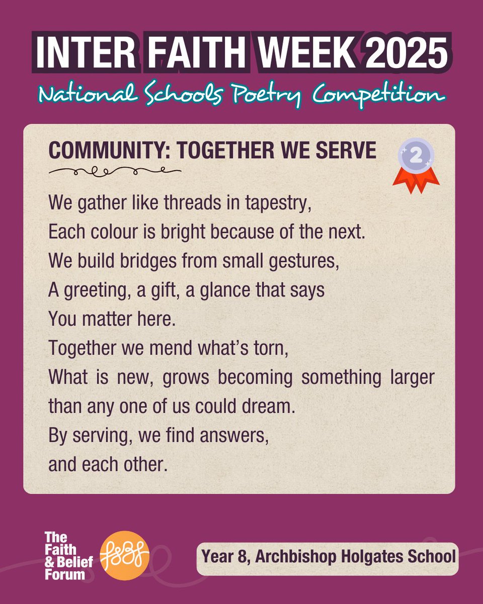 faithbelieforum's tweet photo. The Key Stage 3 winners of our inaugural national poetry competition wrote longer and more complex pieces exploring what community means. 

Read the full poems: 
https://t.co/7Qv0TJ75yL

#Poetry #Competition #IFW2025 #InterfaithWeek #Religionandworldviews #RE #Teachers https://t.co/ByrMBoQ9ln
