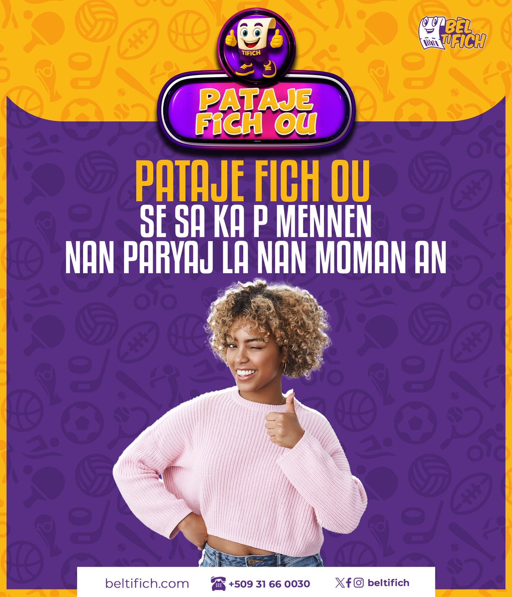 Ou paka ap fè BÈL FICH epi ou pap PATAJE FICH OU🚨 plis ou PATAJE FICH OU lè w fin JWE se plis ou gen CHANS fè plis KÒB lè FICH la GENYEN 🙌🏾  e Sonje ou jwenn 10% BONIS sou chak DEPO🫵🏾 kouri fè FICH nou💵  #MOVeJON 🟪🟨 #ParyajSaRèd🔥

#fèfichoubèlfèPòchouBèl 💵🇭🇹