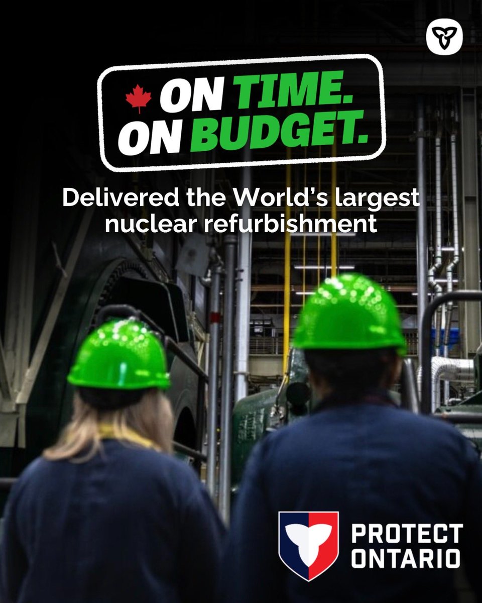 NatKusendova's tweet image. Ontario is proving to the world that we can deliver major nuclear energy projects on-time, and on-budget 🇨🇦
Months ahead of schedule &amp;amp; $150M under budget for the full project, @sflecce announced the successful completion of the Darlington Unit 4 refurbishment.
A #MadeInCanada win