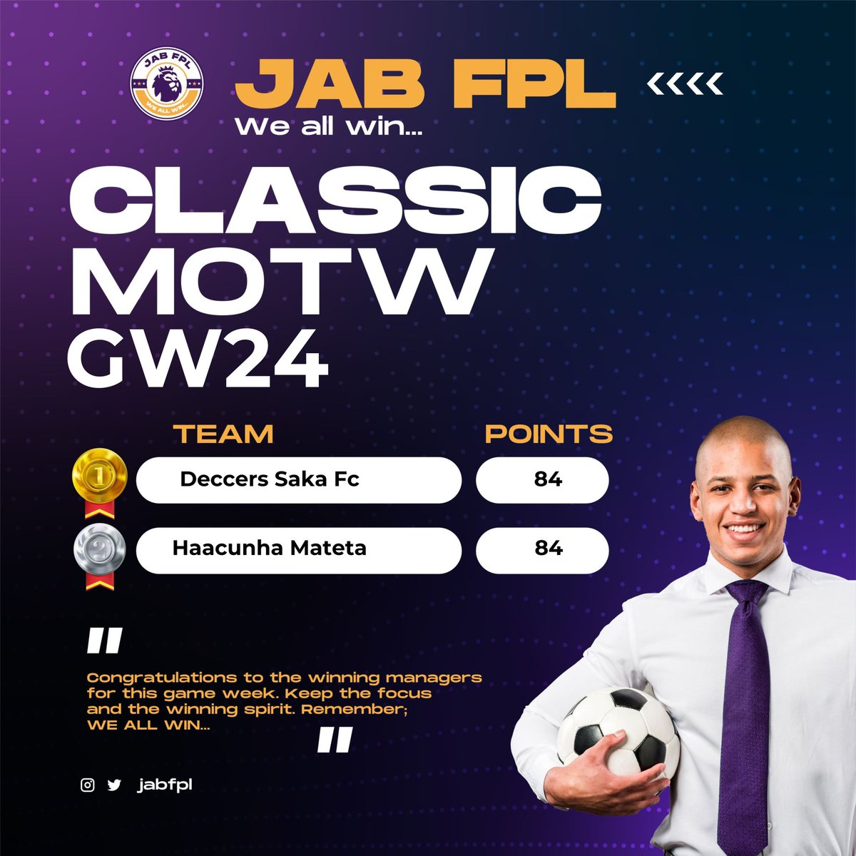 It’s the 24th Game week of the 2025/26 Season🔥

Our GW24 winners 

🌟JAB Ultimate
 🥇0Skill100Luck - N5,000

🌟 JAB Ultimate-Sequel
 🥇Pendragon FC - N5,000

🌟 JAB Classic
 🥇Deccers Saka Fc - ₦3,000
 🥈Haacunha Mateta - ₦2,000 

This season we all win🤝 

#jabfpl
#fpl
