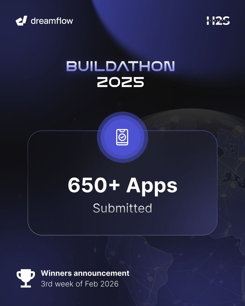 DreamflowApp's tweet photo. buildathon officially wrapped with 650+ apps submitted 🔥

thank you for building with us ✨

our judges are now reviewing entries
winners will be announced in the 3rd week of Feb 🏆 https://t.co/CfxV92II7t