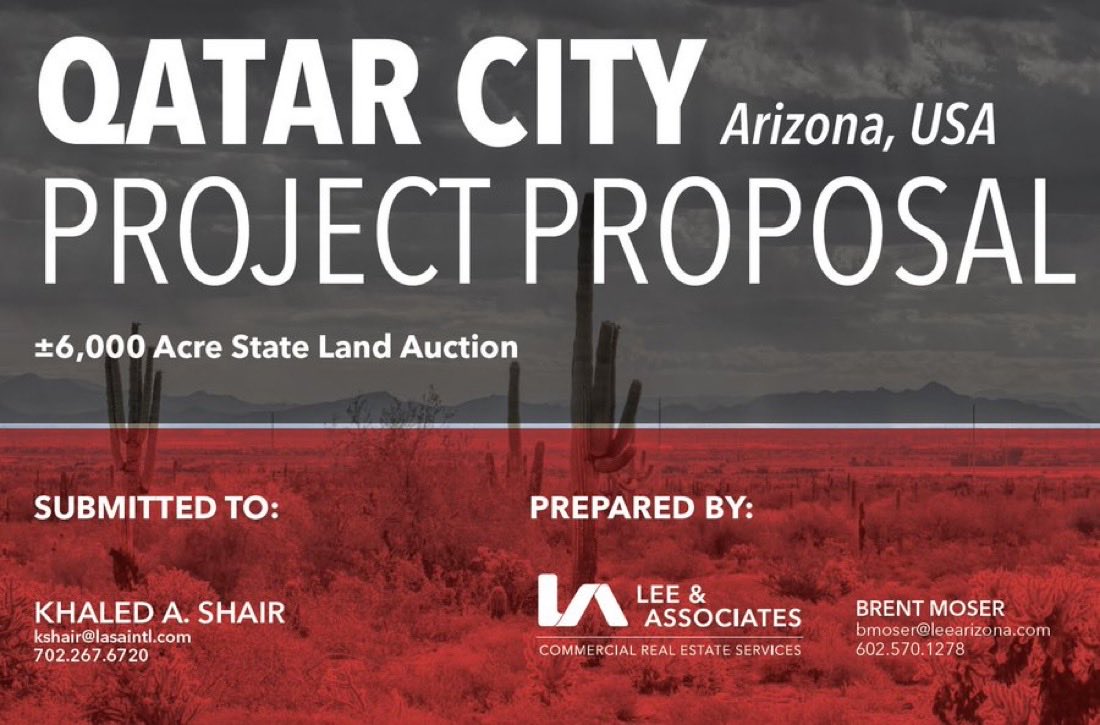 LauraLoomer's tweet photo. Please speak out about the 6,000 acre Sharia compound known as “Qatar City” that Qatar is trying to build in Phoenix, Arizona. 

I know so much of the GOP has been captured by these Qataris and their big fat checks and bribes, but we need to see our lawmakers speak up. This is a major national security threat, as it’s going to be constructed next to a large, multi billion dollar semiconductor facility that does business with the defense industry. 

Qatar is trying to invade our country through large land acquisitions. They train their pilots on US soil and purchase large plots of land so they can eventually wage war on our country.

Everything about Islam centers around domination and SUBMISSION. 

Wake up! 

@RepAndyBiggsAZ