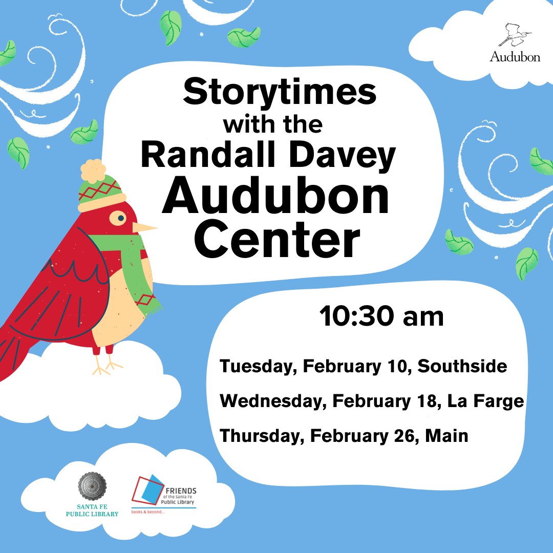 sfpl's tweet photo. #Audubon Storytime & Craft
#SouthsideLibrary Community Room
Tuesday, February 10, 2026
10:30–11:15am
Join Miss Kanah from the Randall Davey Audubon Center & Sanctuary for a special nature storytime! Geared especially towards preschoolers & kindergarteners, but all ages welcome! https://t.co/047VbJzta5