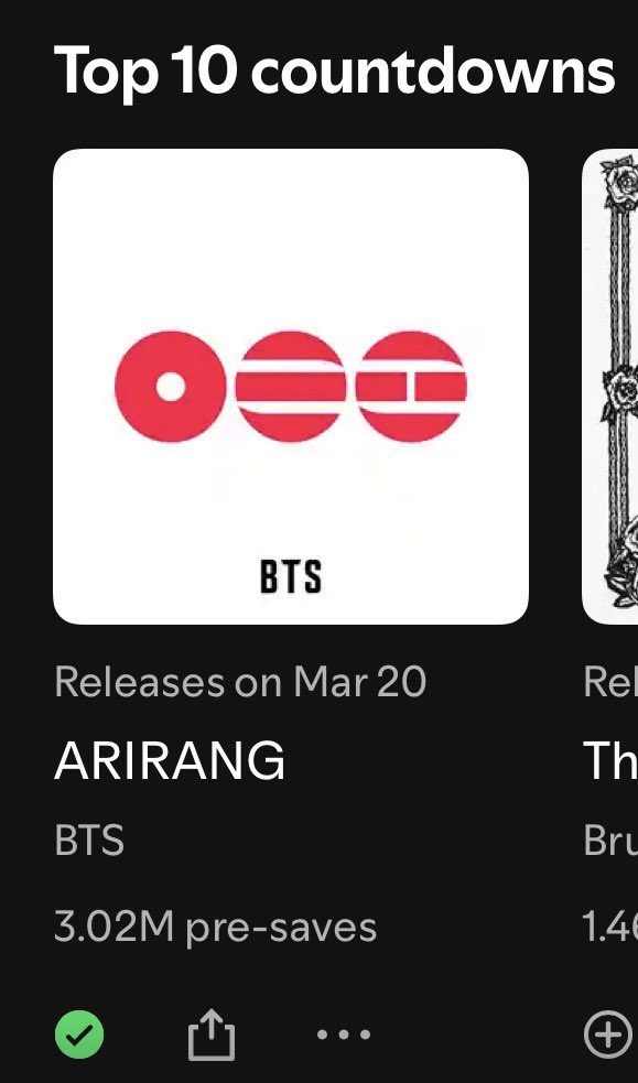 charts_k's tweet image. .@BTS_twt’s “Arirang” has surpassed 3 MILLION pre-saves on Spotify!
