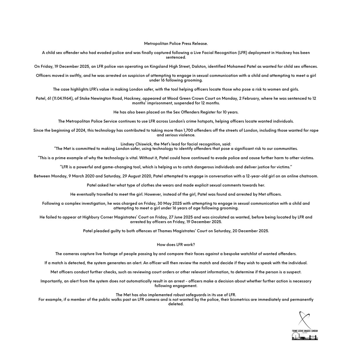 csi_london's tweet image. A child sex offender who had evaded police and was finally captured following a Live Facial Recognition (LFR) deployment in Hackney has been sentenced.

@CrimeLdn @ScarcityStudios @999London @uknip247 @obbsie @totalcrime