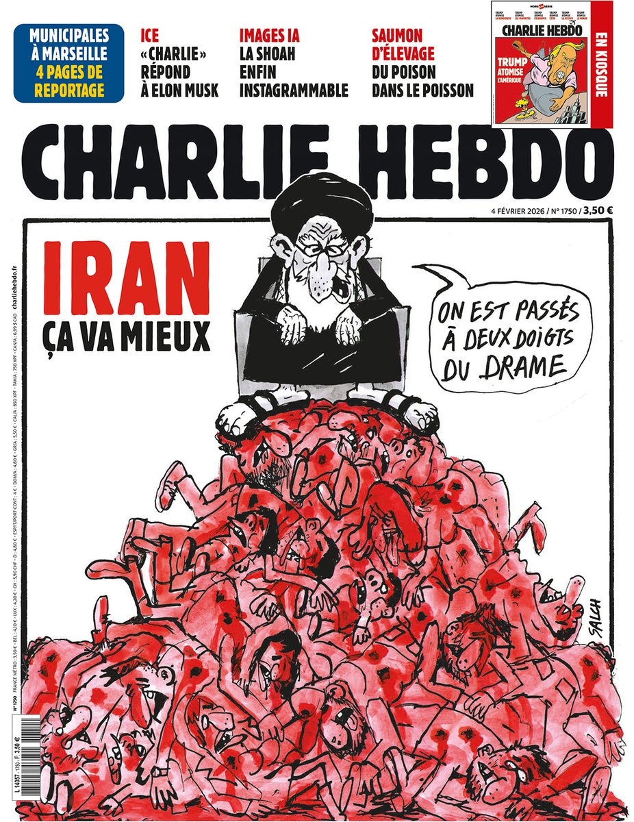 Charlie_Hebdo_'s tweet image. Iran : ça va mieux

👉 Dossier Municipales à Marseille  : guerre des gangs pour un point de deal
👉 Grâce à l'IA, une Shoah instagrammable
👉 Saumon d'élevage : le poison est dans le poisson

En vente mercredi !