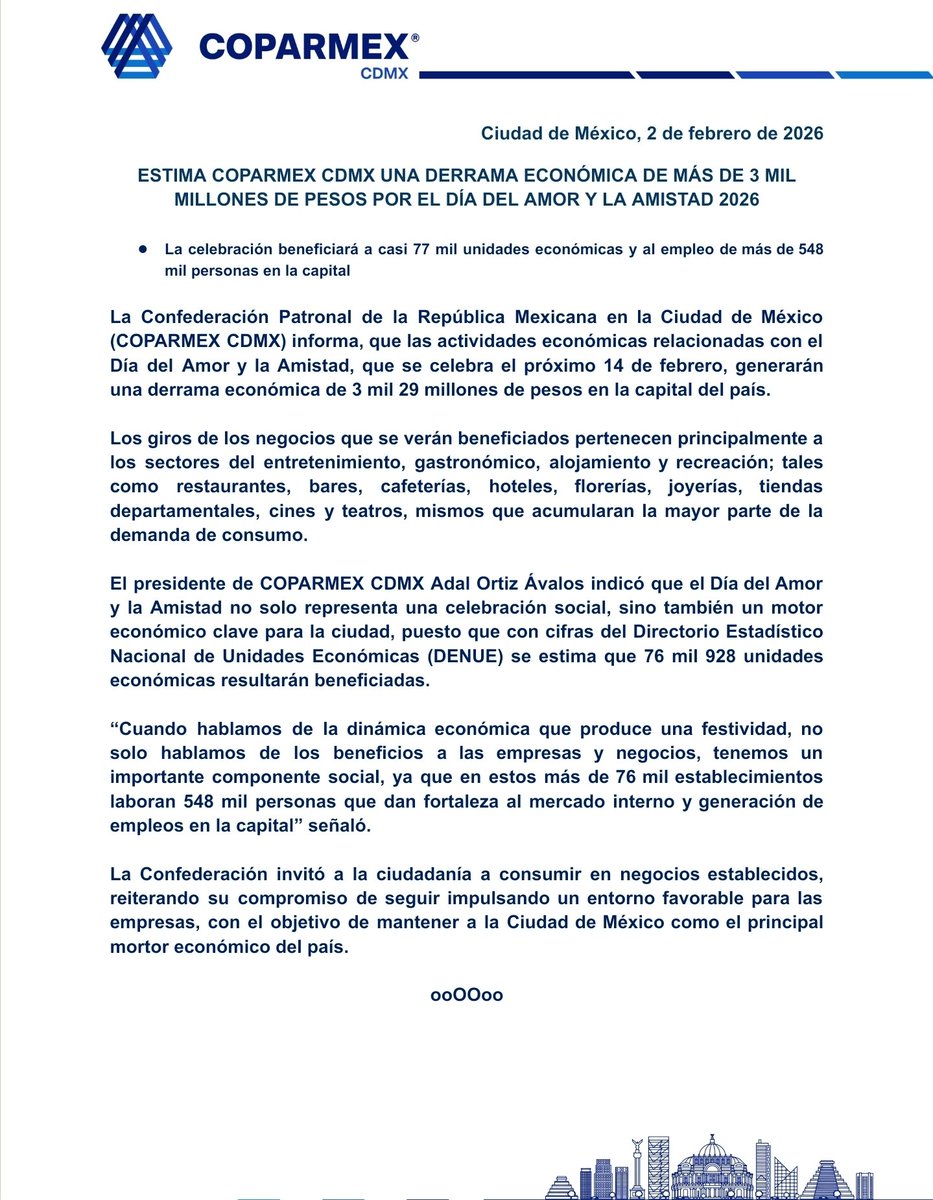 ❤️💼 El amor también mueve la economía

Este 14 de febrero, el Día del Amor y la Amistad generará en la CDMX una derrama de más de 3 mil millones de pesos, beneficiando a casi 77 mil negocios y al empleo de más de 548 mil personas.