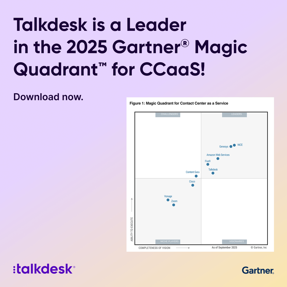 Talkdesk's tweet photo. We’re honored that Talkdesk has been named a Leader in the 2025 Gartner® Magic Quadrant™ for CCaaS.

Read the complimentary report via the link below:

https://t.co/olaIJD20PK

#Gartner #MQ #MagicQuadrant #Talkdesk #CX #AI #CXA #CustomerExperience #CustomerExperienceAutomation https://t.co/qb6GJPmUk2